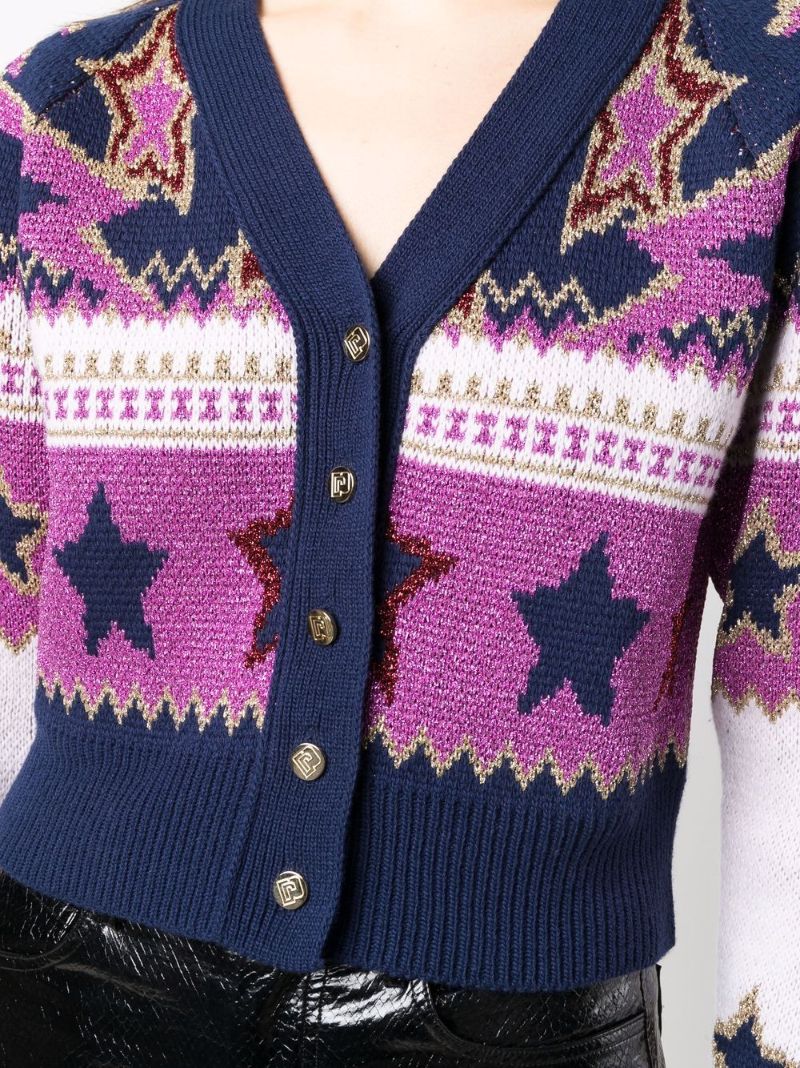 Pink Intarsia-knit Cropped Cardigan