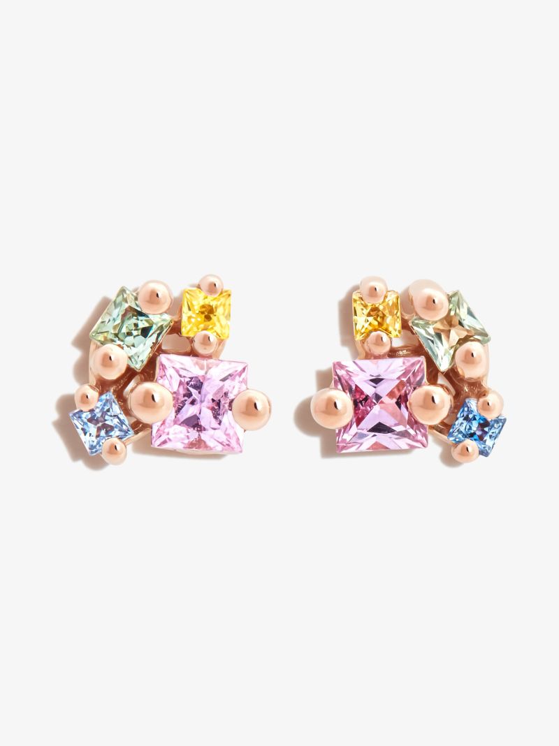 18k Rose Gold Pastel Cluster Sapphire Earrings