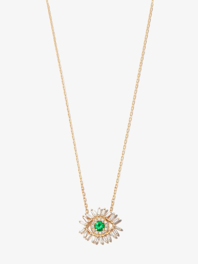 18k Yellow Gold Mini Evil Eye Emerald Diamond Necklace