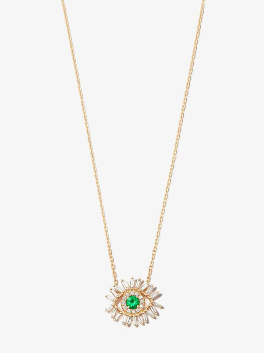 18k Yellow Gold Mini Evil Eye Emerald Diamond Necklace