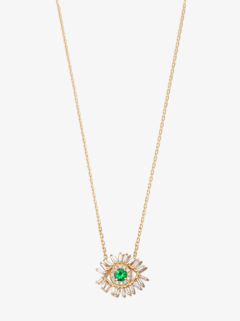 18k Yellow Gold Mini Evil Eye Emerald Diamond Necklace