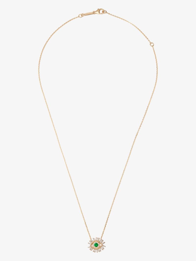 18k Yellow Gold Mini Evil Eye Emerald Diamond Necklace