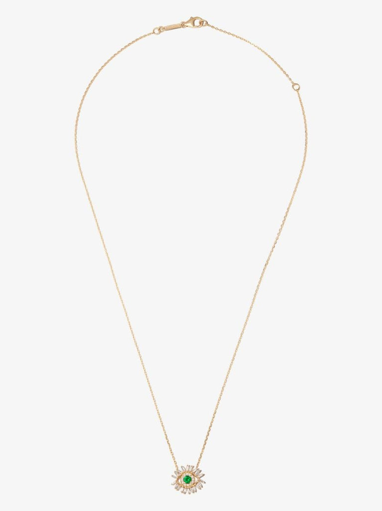 18k Yellow Gold Mini Evil Eye Emerald Diamond Necklace