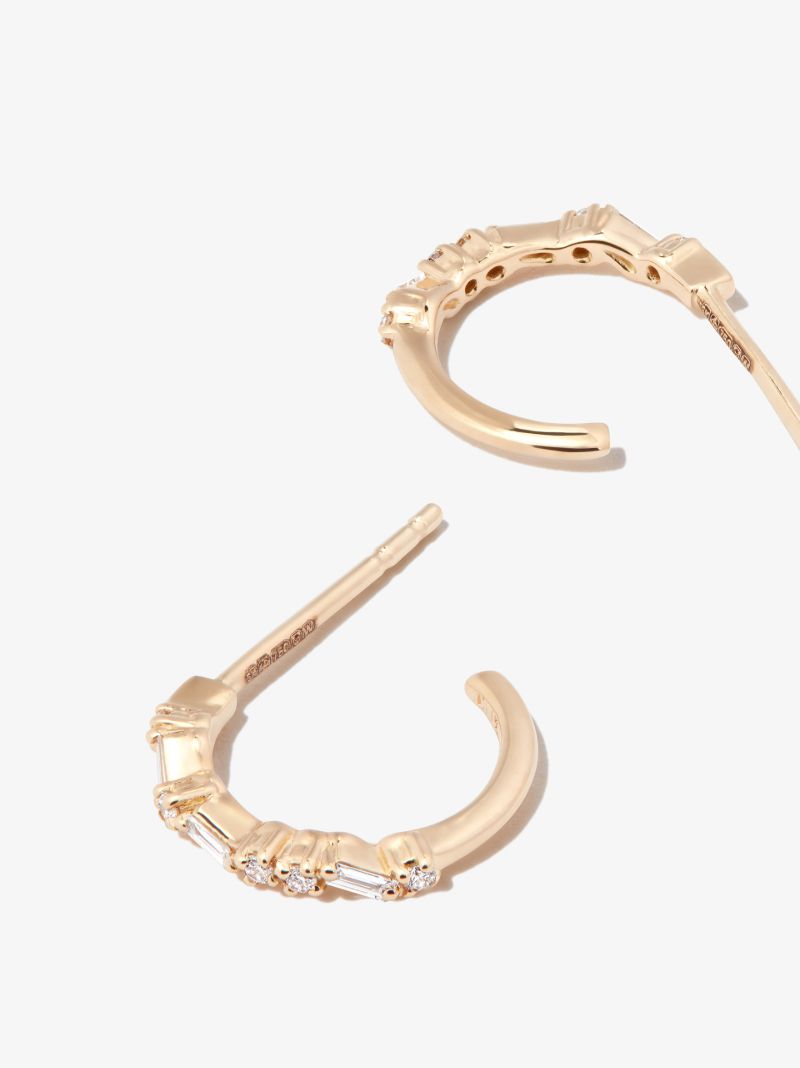 18k Yellow Gold Classic Hoop Thin Mix Diamond Hoop Earrings