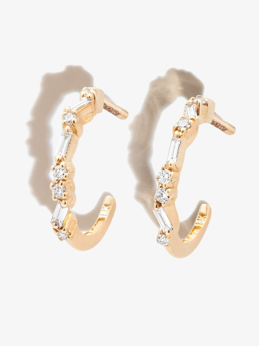 18k Yellow Gold Classic Hoop Thin Mix Diamond Hoop Earrings