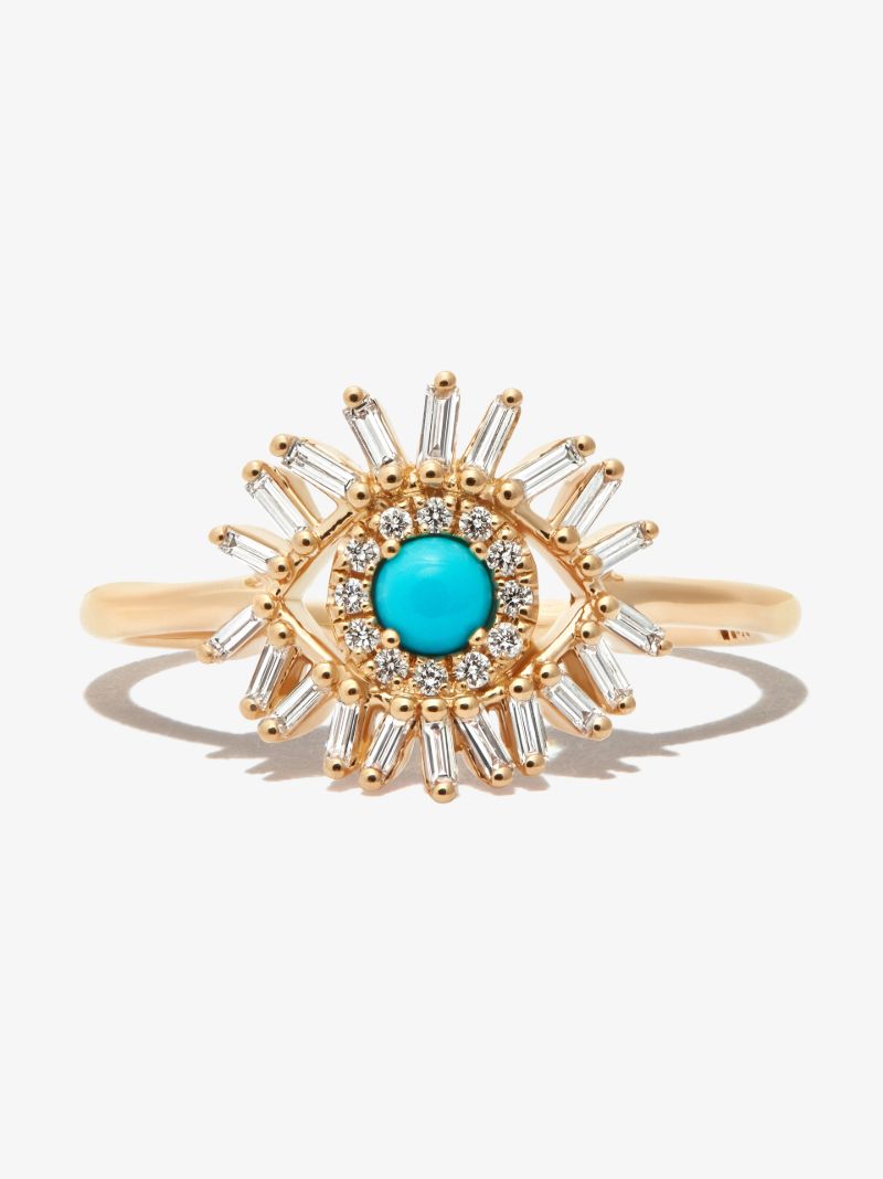 18k Yellow Gold Mini Evil Eye Turquoise Diamond Ring