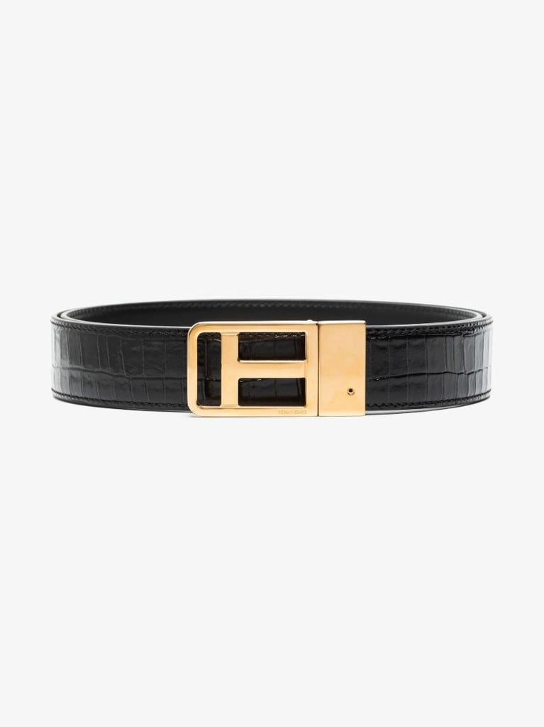 Black Classic T Reversible Mock Croc Leather Belt
