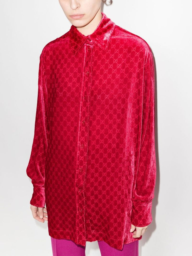 Red Gg Print Velvet Shirt