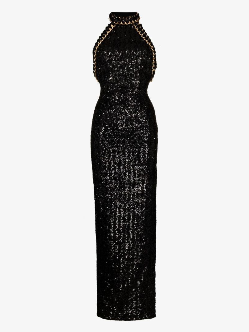 Black Sequinned Halterneck Maxi Dress
