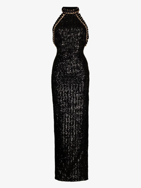 Black Sequinned Halterneck Maxi Dress