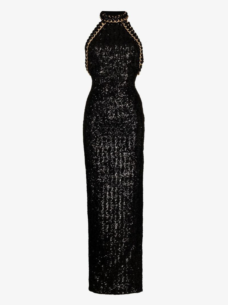 Black Sequinned Halterneck Maxi Dress