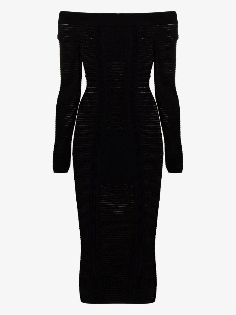 Black Sheer Off-the-shoulder Knitted Dress