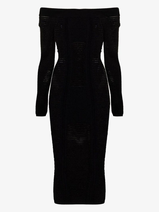 Black Sheer Off-the-shoulder Knitted Dress