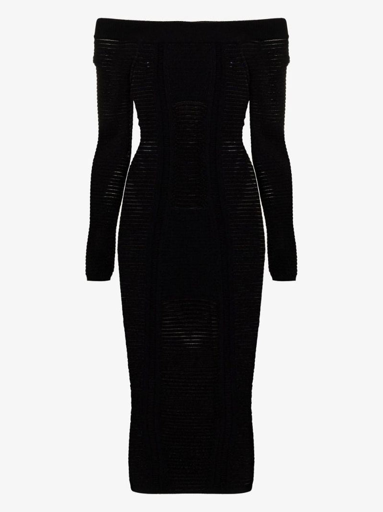 Black Sheer Off-the-shoulder Knitted Dress
