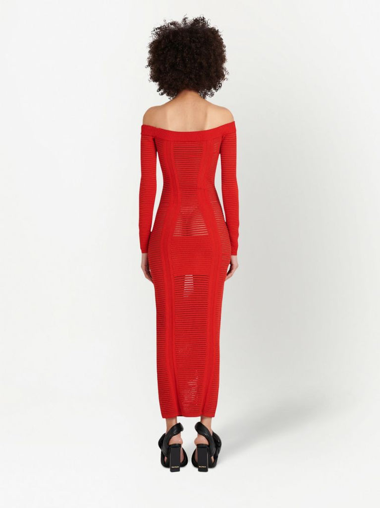 Red Bustier Ribbed Knit Midi Dress