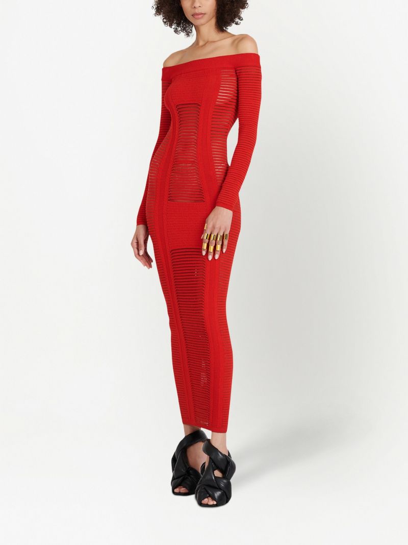 Red Bustier Ribbed Knit Midi Dress