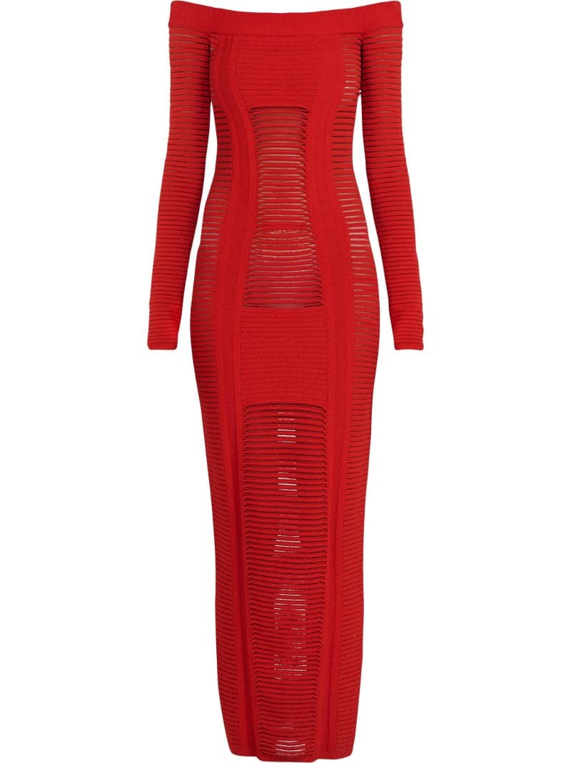 Red Bustier Ribbed Knit Midi Dress