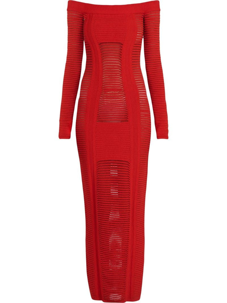 Red Bustier Ribbed Knit Midi Dress