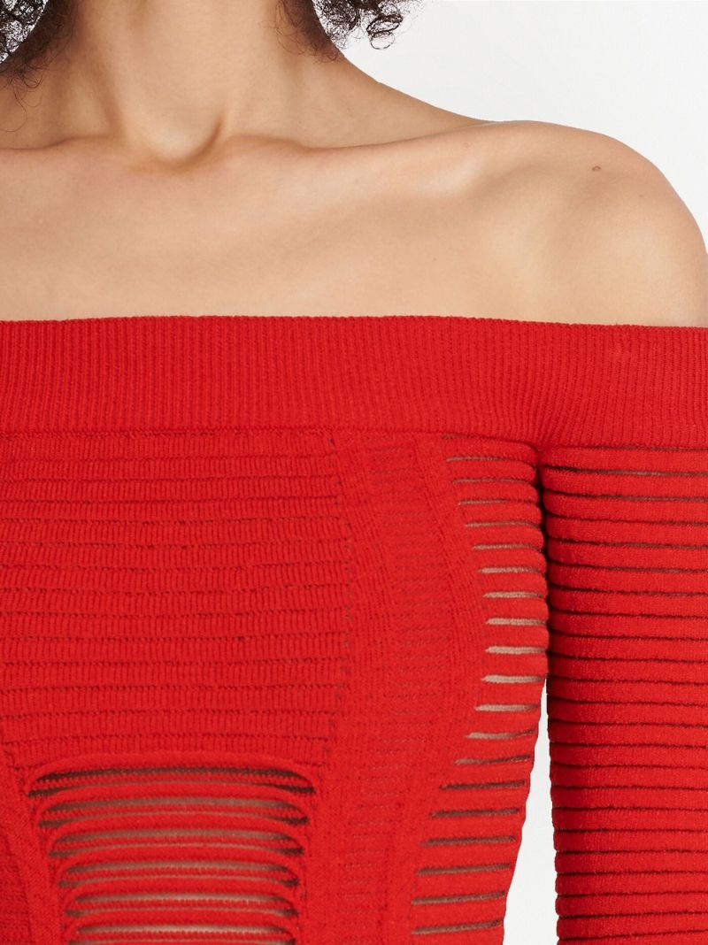 Red Bustier Ribbed Knit Midi Dress