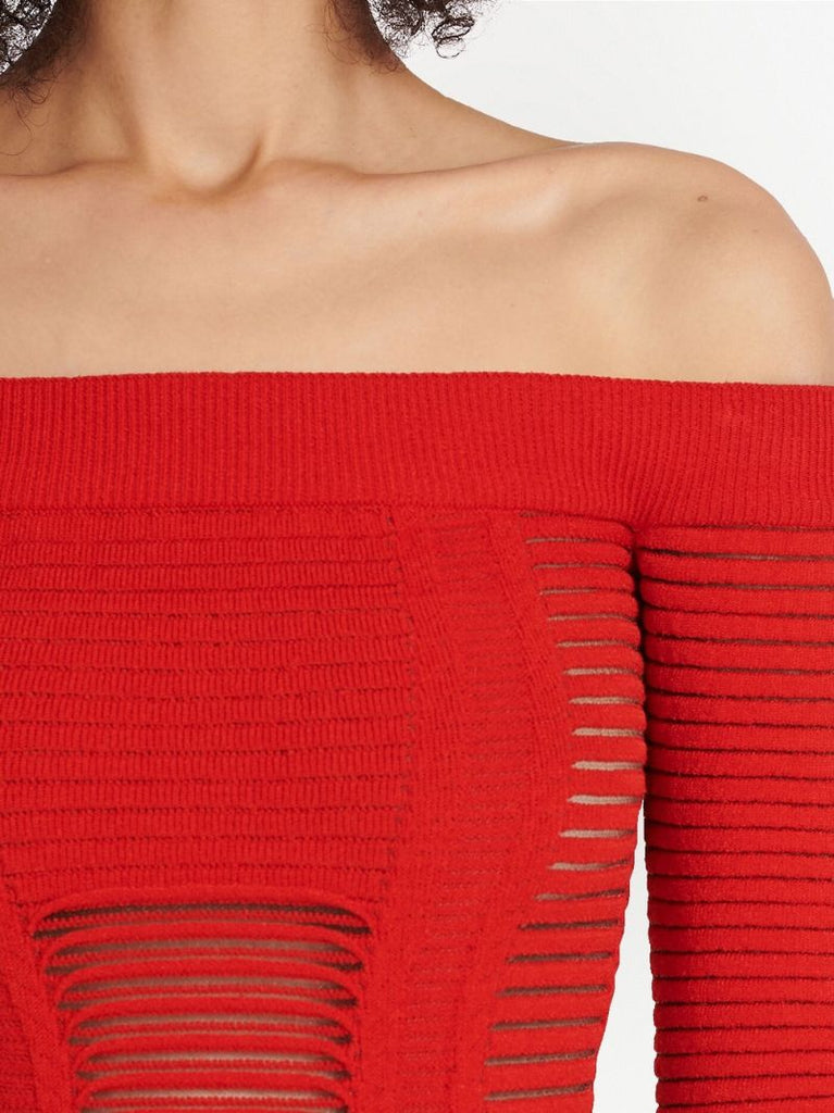 Red Bustier Ribbed Knit Midi Dress