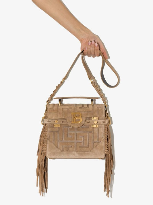 Neutral Balmain B-buzz 23 Fringed Suede Shoulder Bag