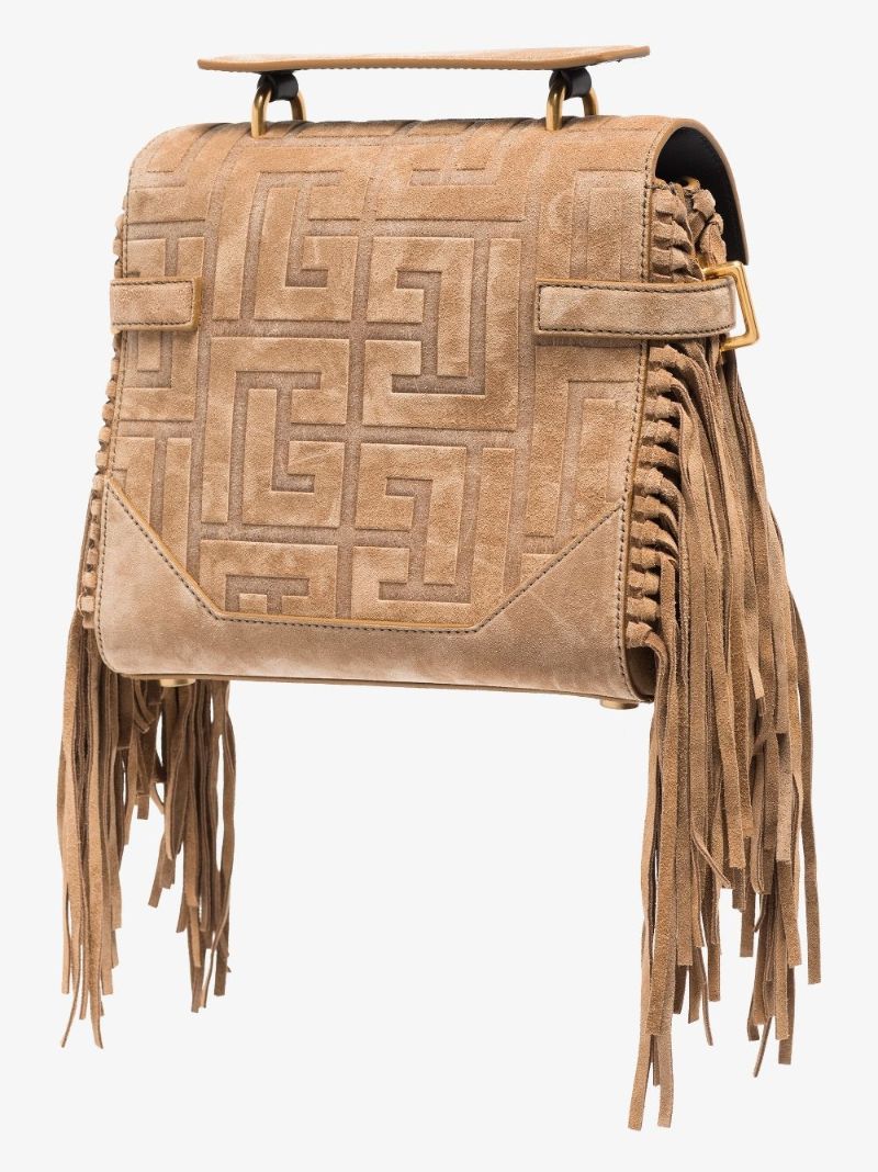Neutral Balmain B-buzz 23 Fringed Suede Shoulder Bag
