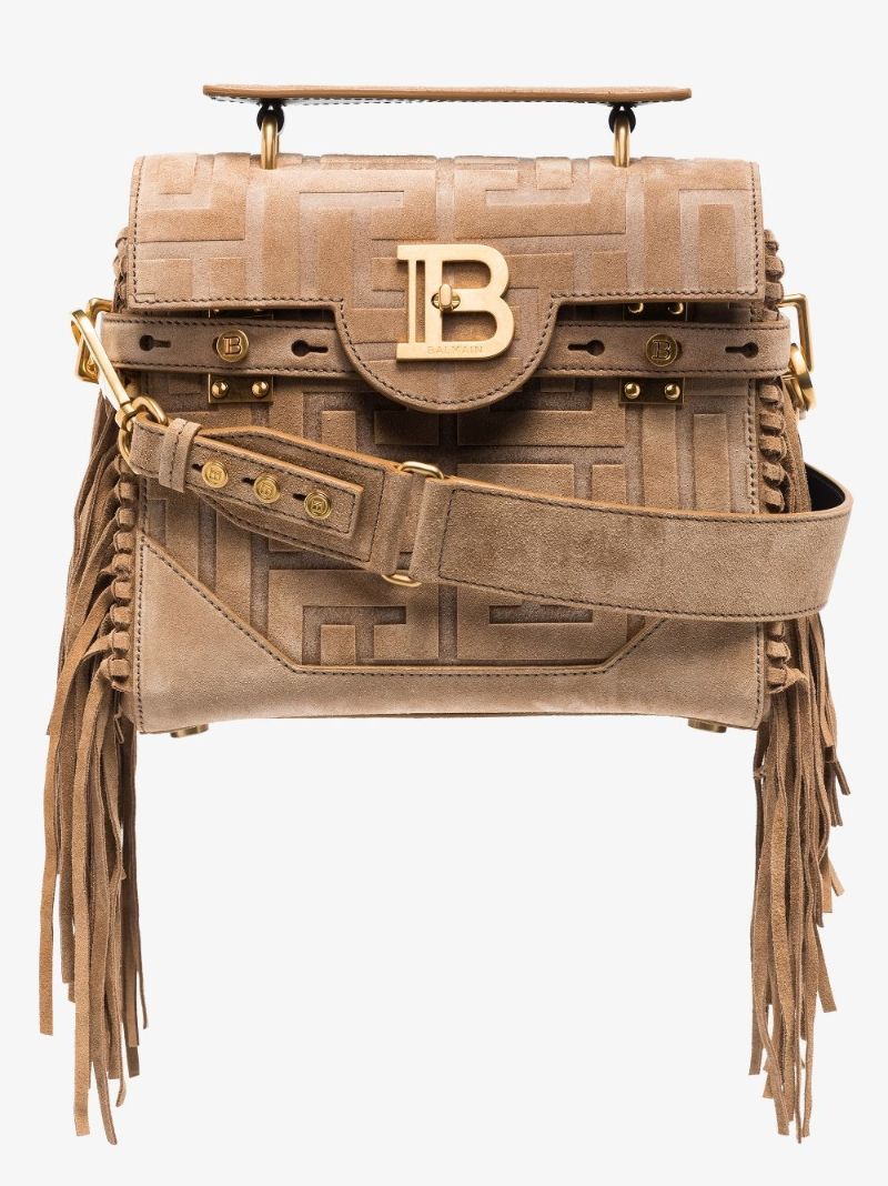 Neutral Balmain B-buzz 23 Fringed Suede Shoulder Bag
