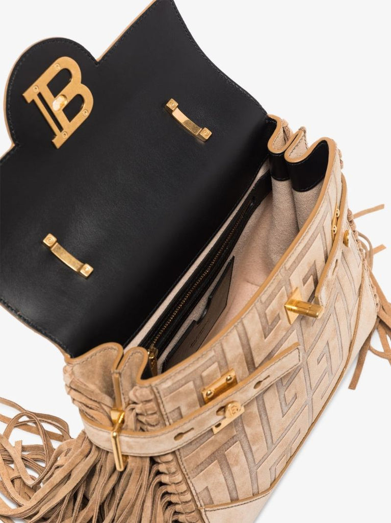 Neutral Balmain B-buzz 23 Fringed Suede Shoulder Bag