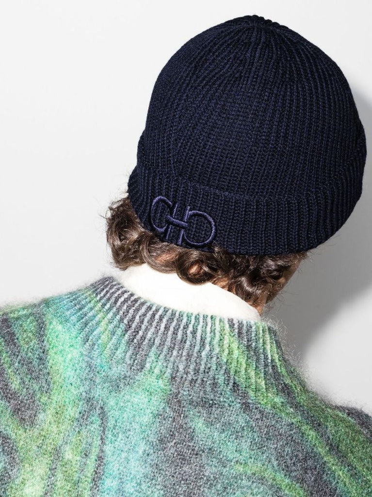 Blue Embroidered Logo Wool Beanie Hat