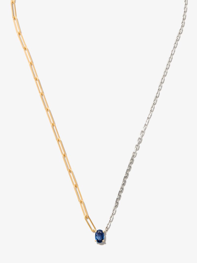 9k White and Yellow Gold Solitaire Sapphire Pendant Necklace