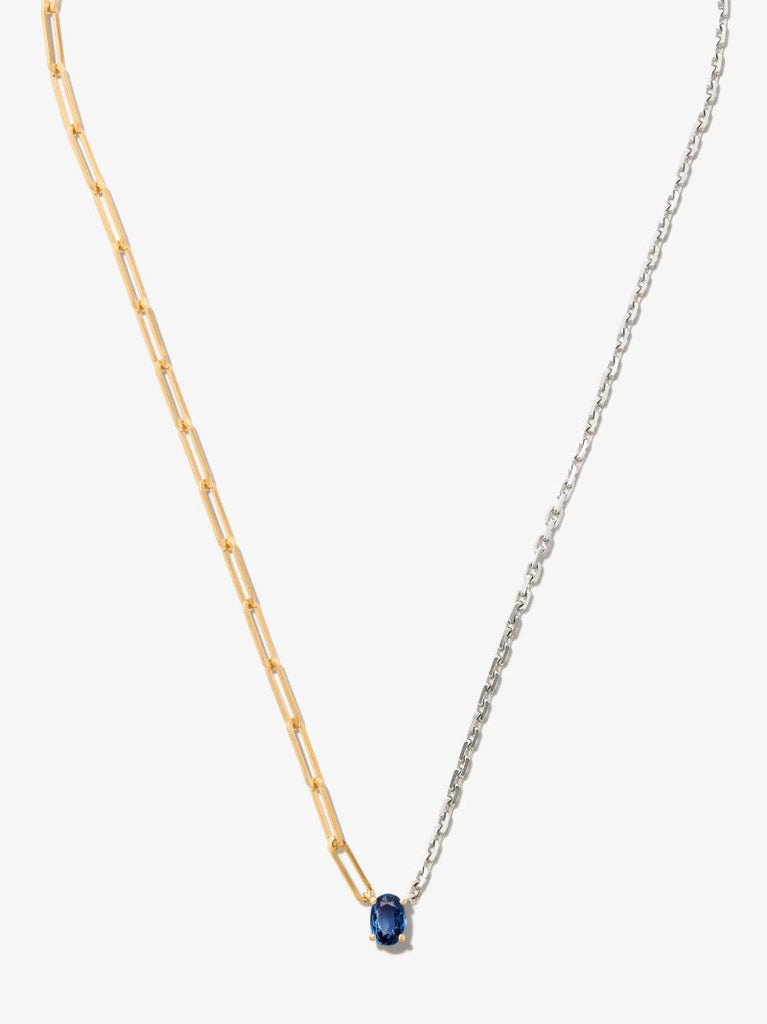 9k White and Yellow Gold Solitaire Sapphire Pendant Necklace