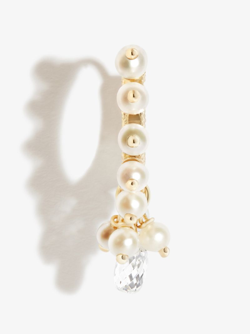18k Yellow Gold Coronet Diamond and Pearl Hoop Earring