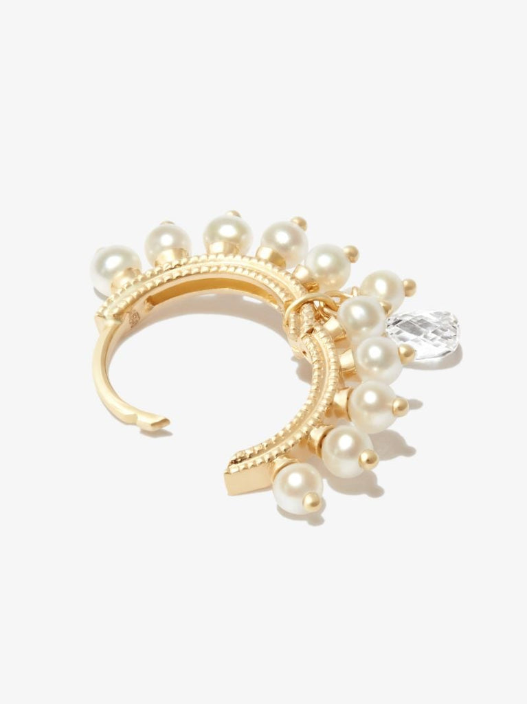 18k Yellow Gold Coronet Diamond and Pearl Hoop Earring
