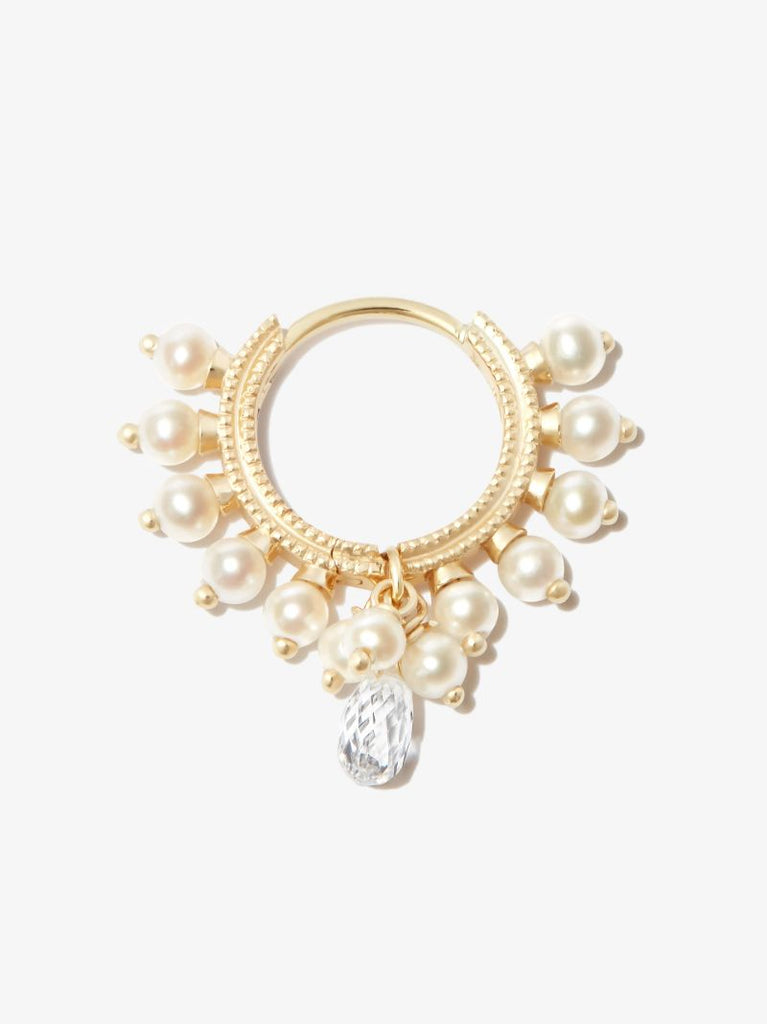 18k Yellow Gold Coronet Diamond and Pearl Hoop Earring