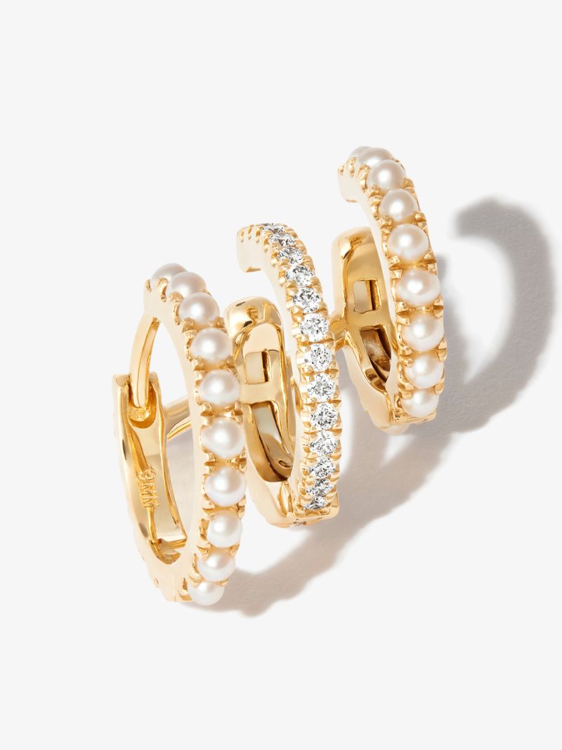 18k Yellow Gold Eternity Triple Linked Diamond Pearl Earring