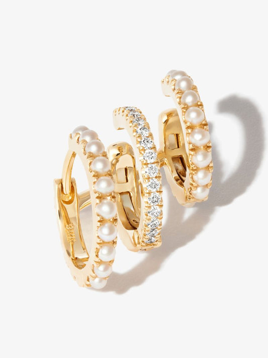 18k Yellow Gold Eternity Triple Linked Diamond Pearl Earring