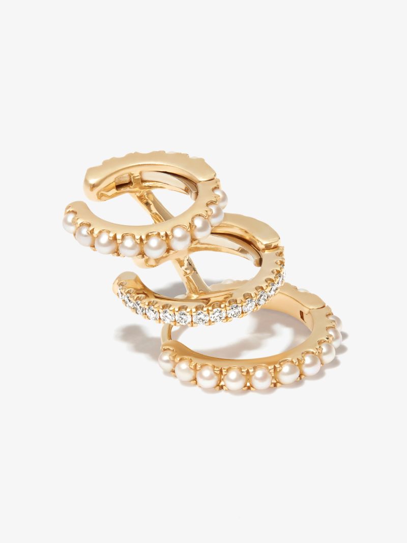 18k Yellow Gold Eternity Triple Linked Diamond Pearl Earring
