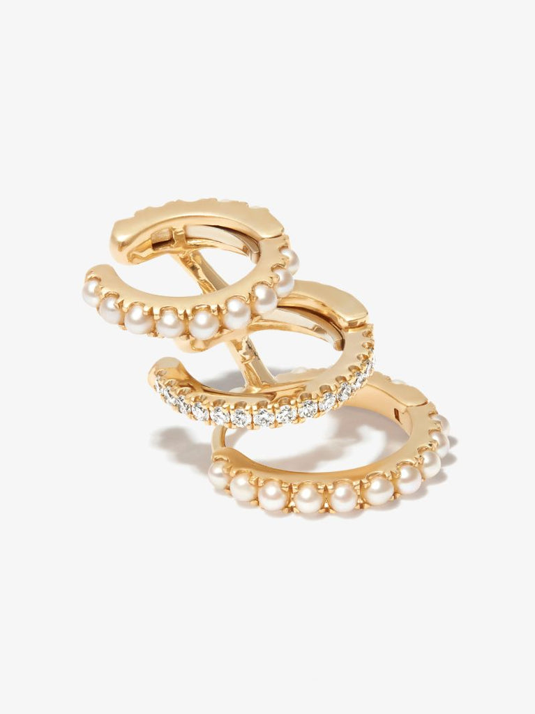 18k Yellow Gold Eternity Triple Linked Diamond Pearl Earring