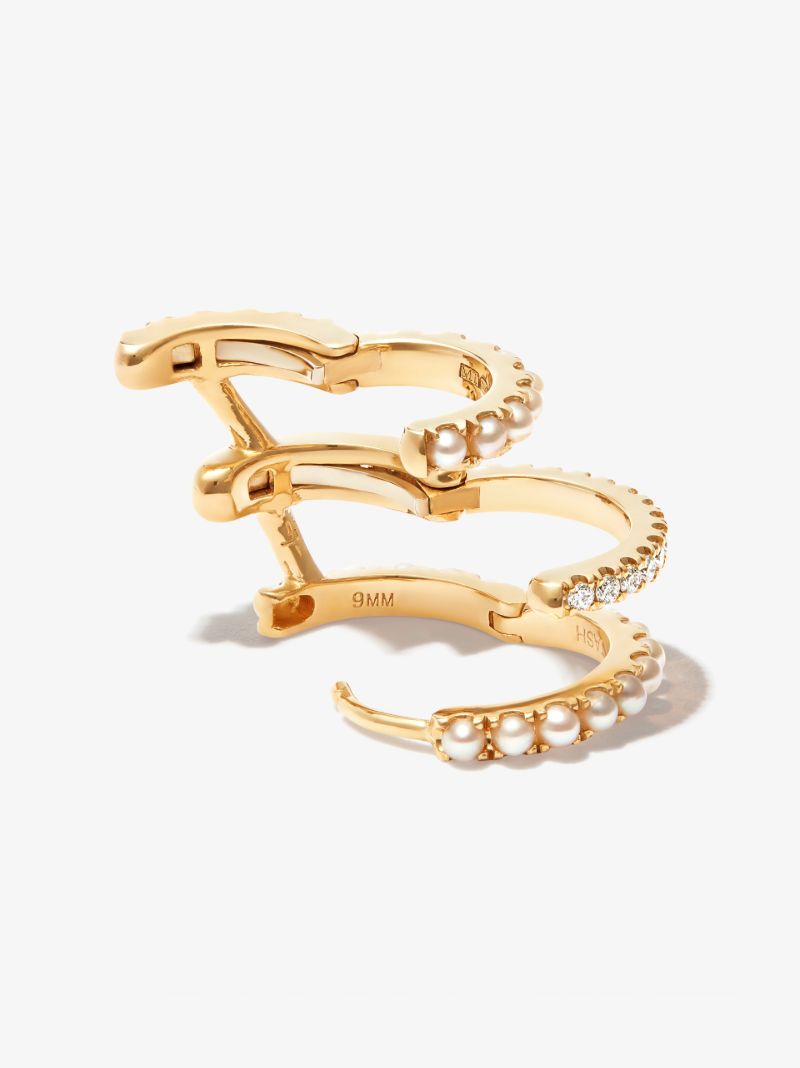 18k Yellow Gold Eternity Triple Linked Diamond Pearl Earring