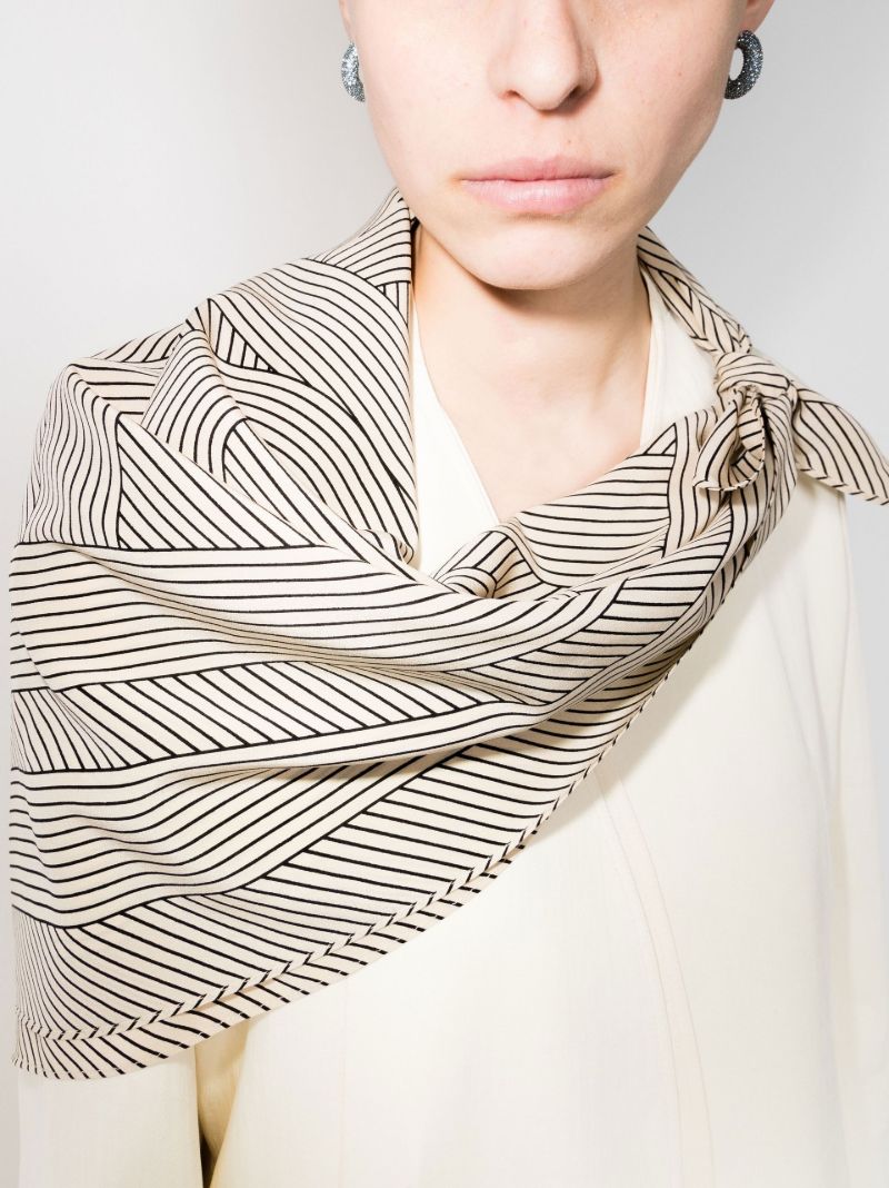 Neutral Striped Monogram Print Silk Scarf