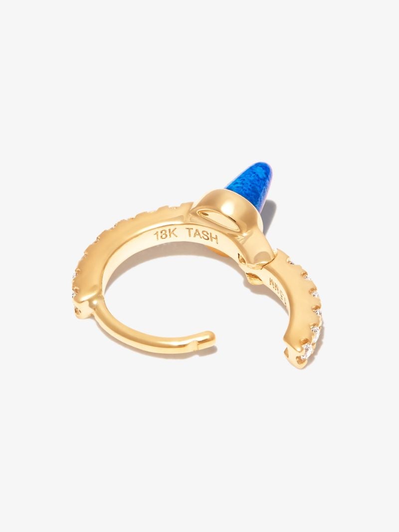 18k Yellow Gold Spike Eternity Lapis Diamond Hoop Earring