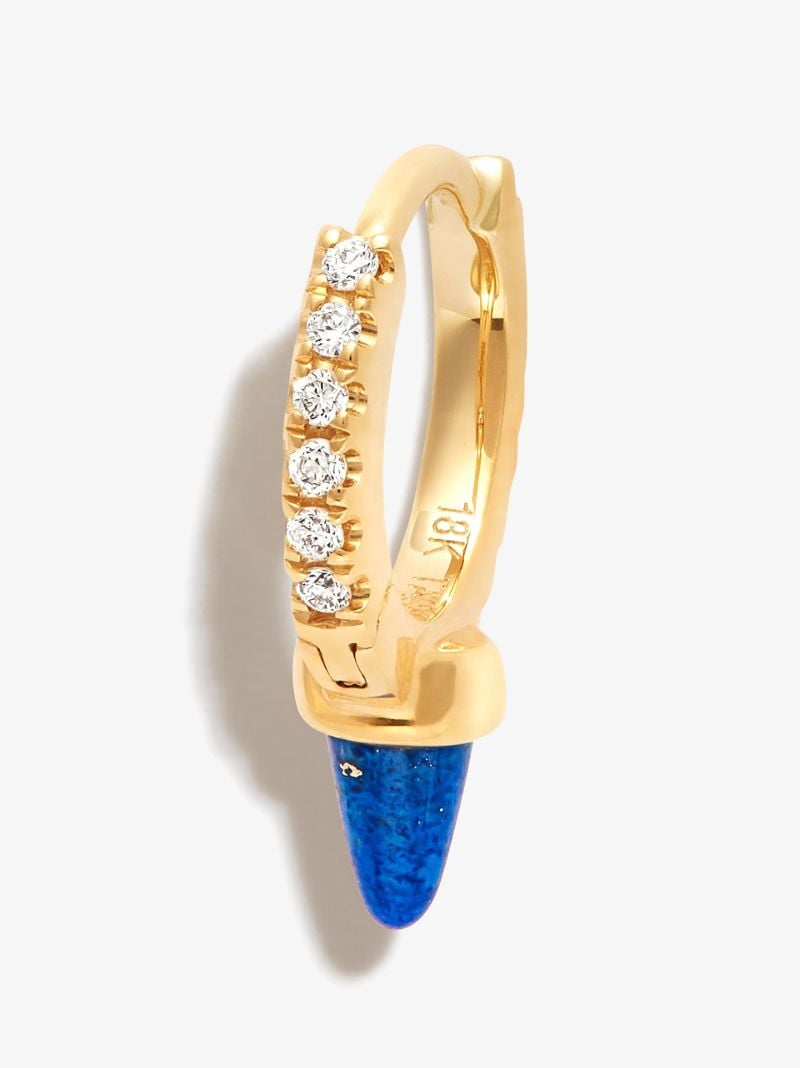 18k Yellow Gold Spike Eternity Lapis Diamond Hoop Earring
