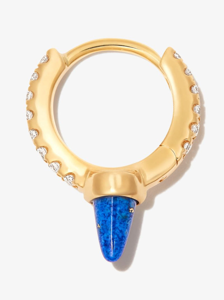 18k Yellow Gold Spike Eternity Lapis Diamond Hoop Earring