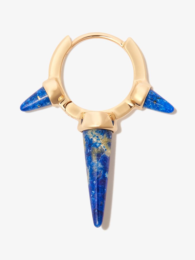 18k Yellow Gold Triple Long Spike Lapis Hoop Earring