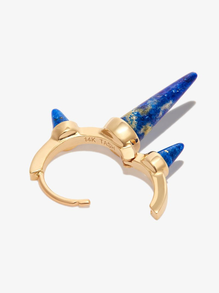 18k Yellow Gold Triple Long Spike Lapis Hoop Earring