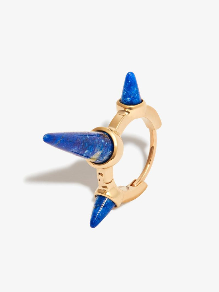 18k Yellow Gold Triple Long Spike Lapis Hoop Earring