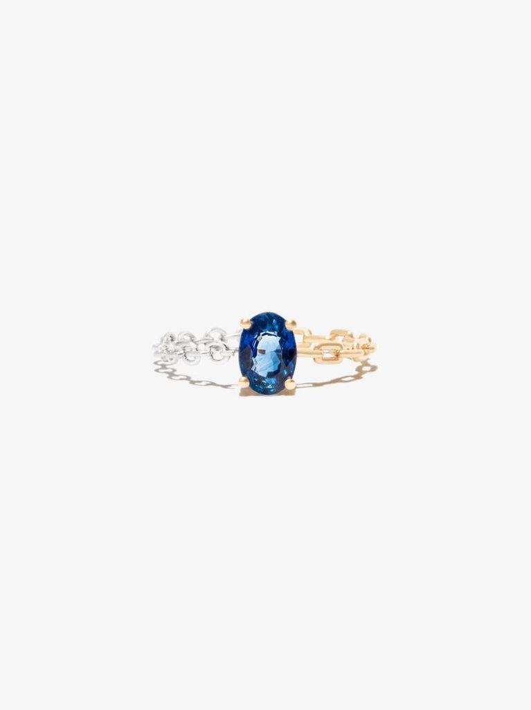 9k Yellow and White Gold Solitaire Sapphire Chain Ring