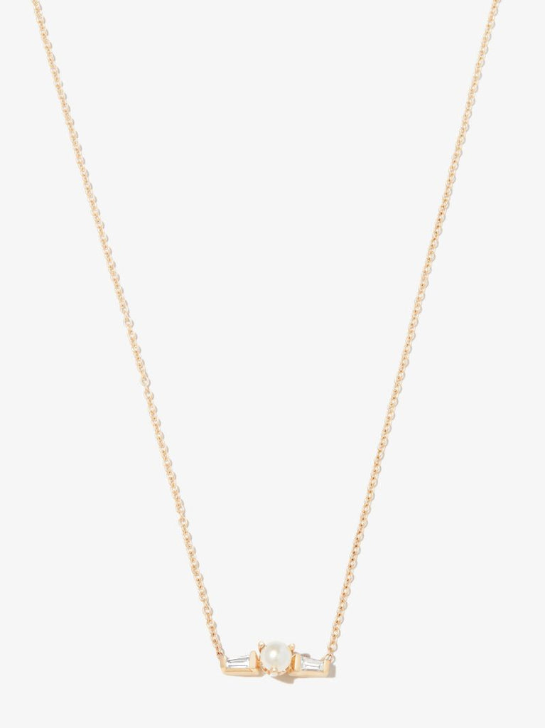 14k Yellow Gold Tapered Diamond and Pearl Necklace