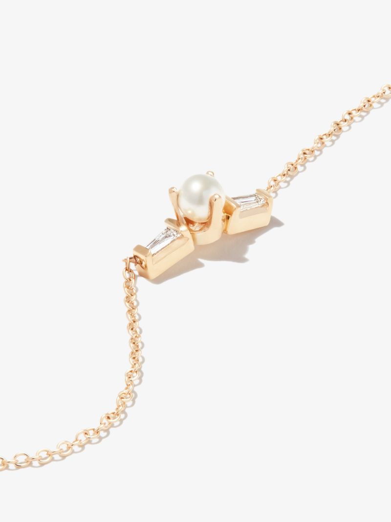 14k Yellow Gold Tapered Diamond and Pearl Necklace