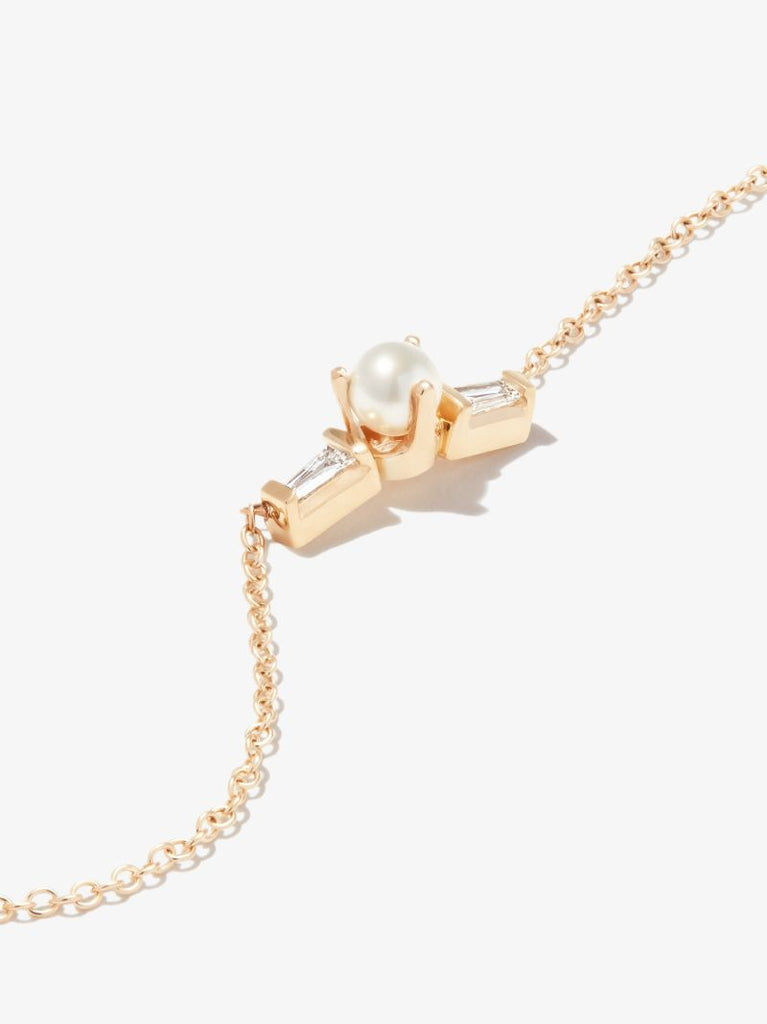 14k Yellow Gold Tapered Diamond and Pearl Necklace